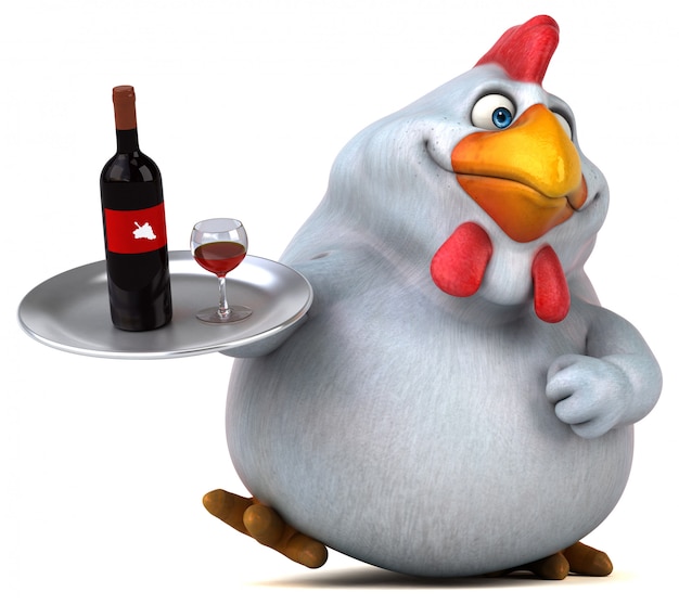 Ilustración divertida del pollo 3d que sostiene la botella de vino en una bandeja