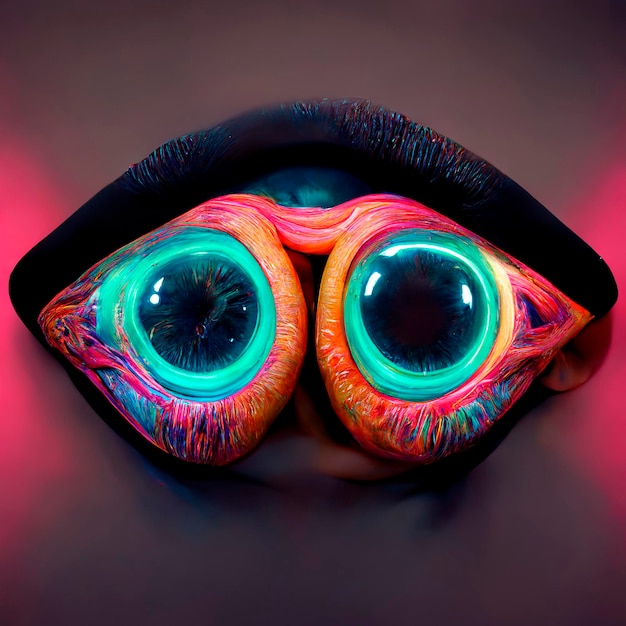 Ilustración de doble iris cibernético futurista en colores neón Ojo digital psicodélico con formas fluidas brillantes