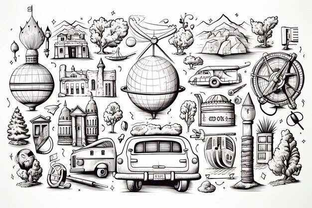 Ilustración de doodle de viajes y turismo y elementos de vacaciones dibujados a mano delinean clipart en fondo blanco