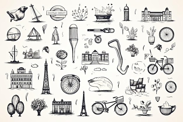 Ilustración de doodle de viajes y turismo y elementos de vacaciones dibujados a mano delinean clipart en fondo blanco