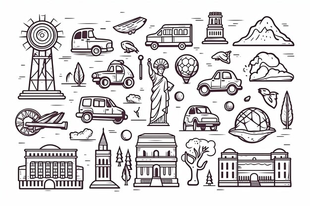 Ilustración de doodle de viajes y turismo y elementos de vacaciones dibujados a mano delinean clipart en fondo blanco