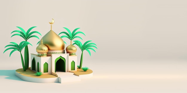 Ilustración dorada de la mezquita 3D para el saludo de Ramadán