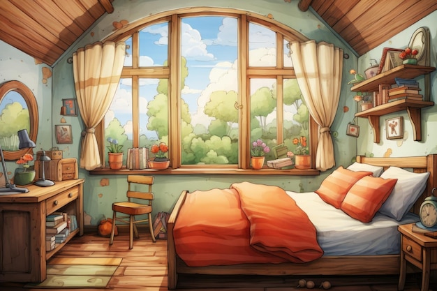 Ilustración de un dormitorio con una cama y una ventana ai