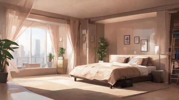 Foto ilustración de un dormitorio moderno con plantas de estantería de cama y ventana panorámica