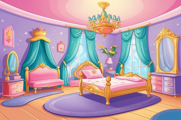 Foto ilustración de los dormitorios de las princesas al estilo de dibujos animados