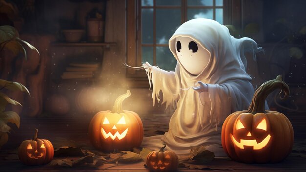 Foto ilustración de dos fantasmas preparan calabazas para halloween