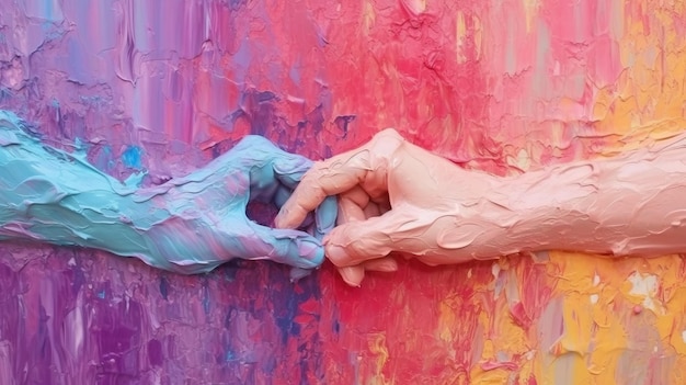 Foto ilustración de dos manos tocándose en una pintura colorida