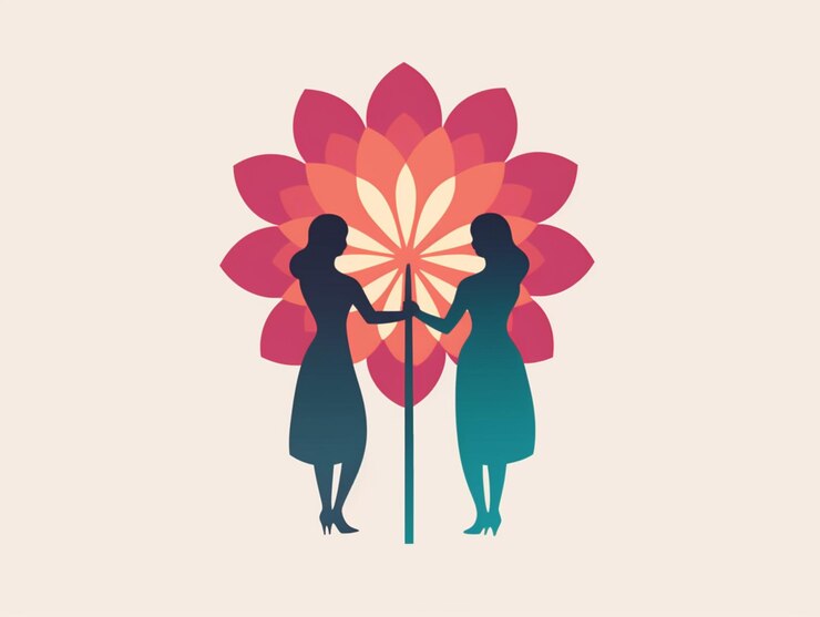 Foto ilustración de dos mujeres estrechando la mano frente a una flor generativa ai