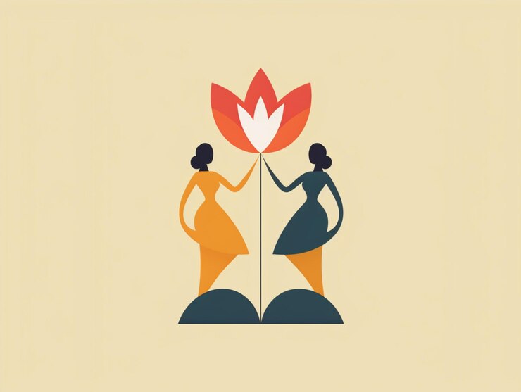 Foto ilustración de dos mujeres sosteniendo una flor en sus manos