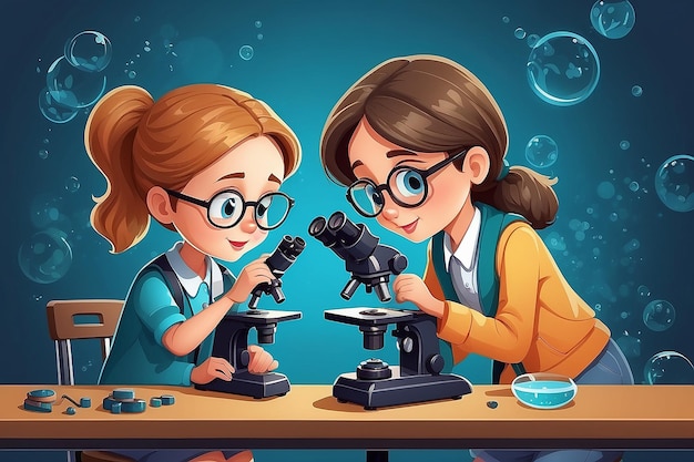Ilustración de dos niñas usando un microscopio