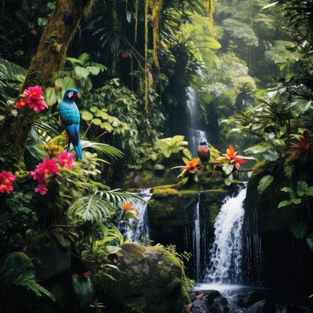 Foto ilustración de dos pájaros posados en una rama frente a una cascada