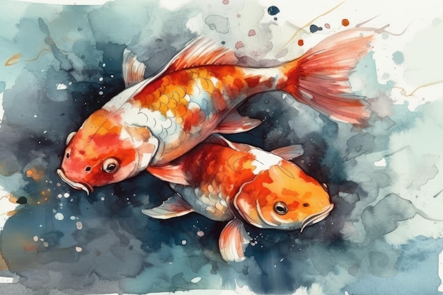 Ilustración de dos peces koi en estilo acuarela AI generativa