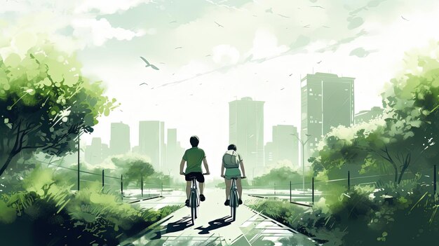 una ilustración de dos personas en bicicleta por una calle en el estilo de la academia verde