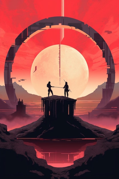 ilustración de dos personas paradas en una plataforma con espadas frente a un sol rojo gigante ai generativo
