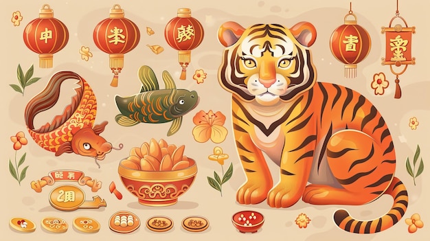 Ilustración de dos tigres animales del zodiaco un pez koi chino y algunos objetos símbolo de riqueza aislados en caqui