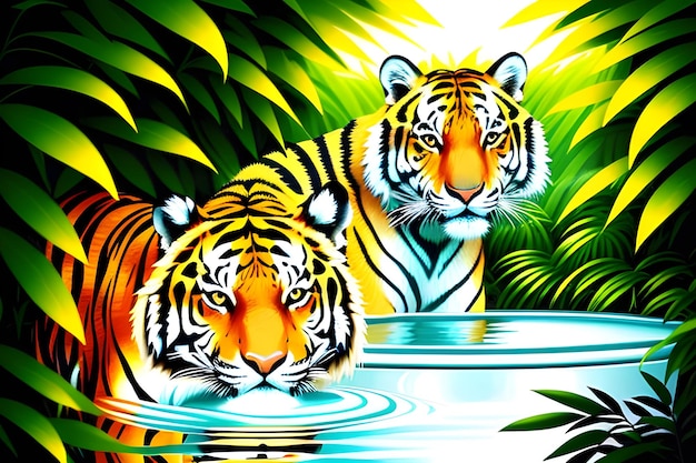una ilustración de dos tigres nadando en la jungla acuática