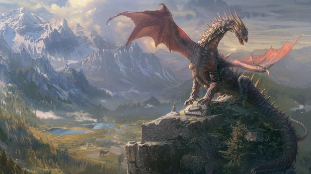 Ilustración de un dragón antiguo gigante encaramado en un pico de montaña con una puesta de sol en el fondo Imagen generada por Ai