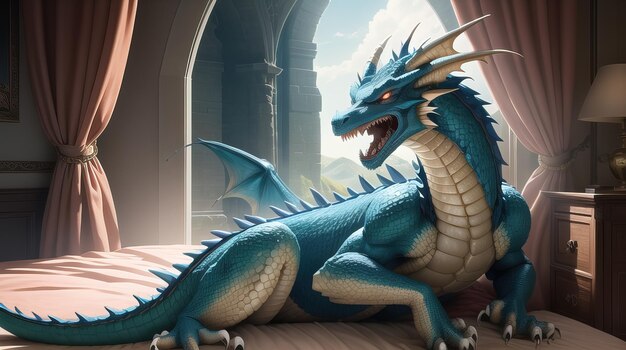 Ilustración de un dragón en un castillo