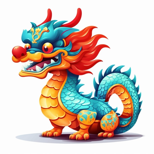 Ilustración de un dragón chino de dibujos animados con una nariz roja y una cola azul