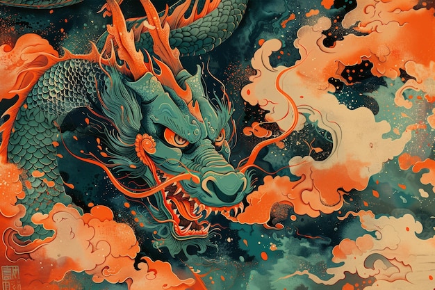 Ilustración de un dragón chino y nubes naranjas vibrantes