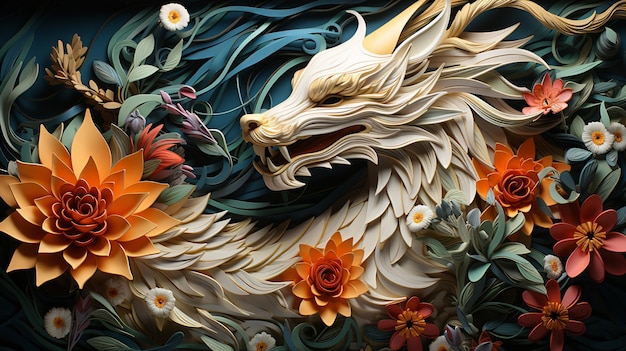 Ilustración de dragón dorado con fondo de flores.