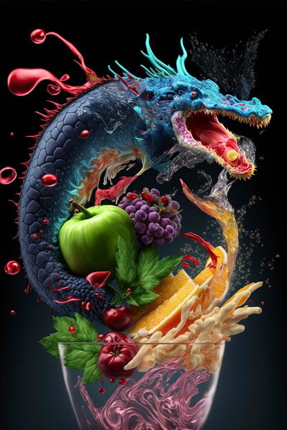 Foto ilustración de un dragón saliendo de un vaso de cóctel de frutas imagen generada por ia