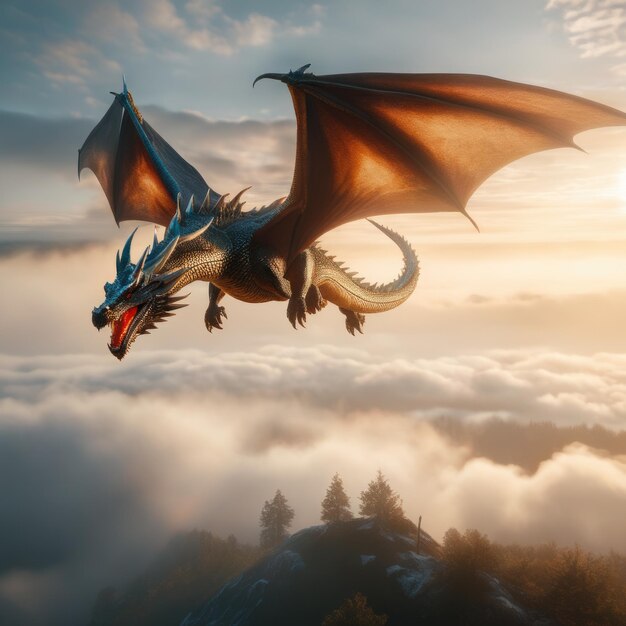 Ilustración de un dragón ultra realista en una espectacular niebla ligera.
