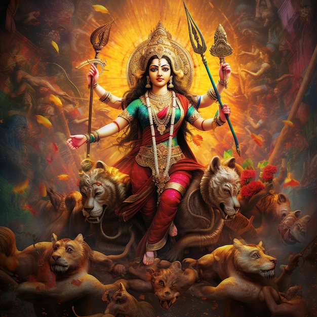 Ilustración de Durga Mata con pared digital de fondo colorido