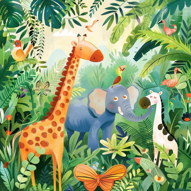 Una ilustración educativa para niños que enseña sobre los diferentes animales de la selva