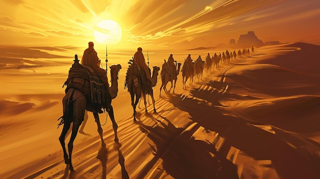 En esta ilustración los egipcios en la espalda de camello atraviesan arenas doradas en el corazón Generativo Ai