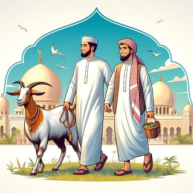 Foto ilustración de eid aladha con cabra y hombre