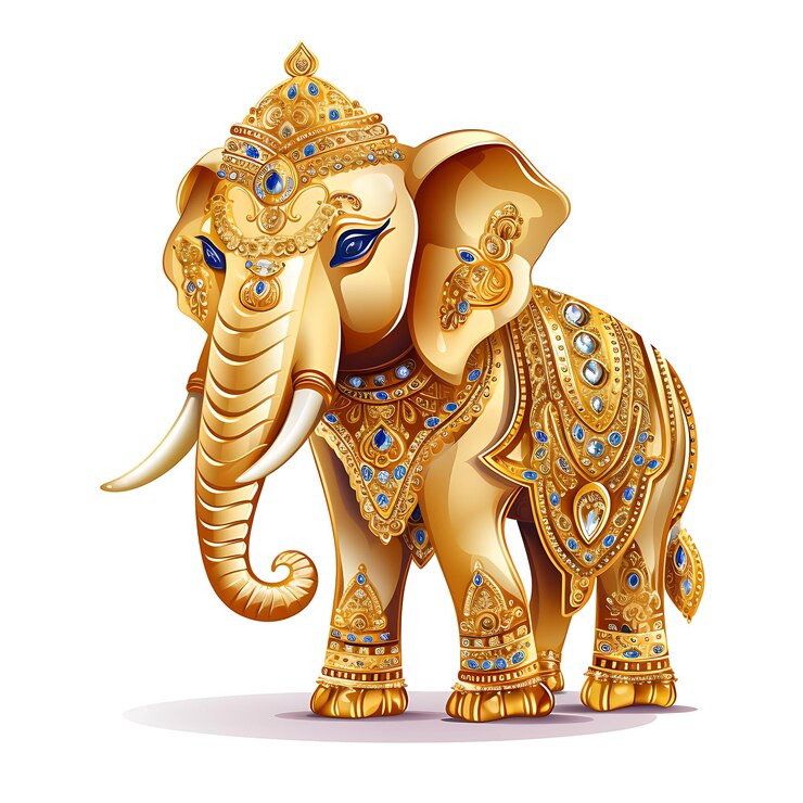 Ilustración de un elefante dorado con ojos azules y una corona