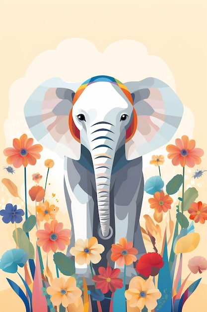 una ilustración de un elefante con flores y un elefante