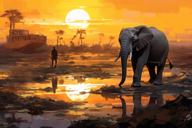 una ilustración de un elefante y un hombre en una puesta de sol