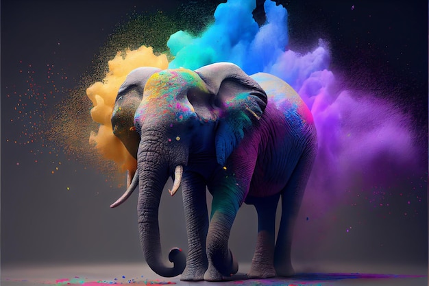 Ilustración de un elefante en polvo de holi sobre un fondo negro