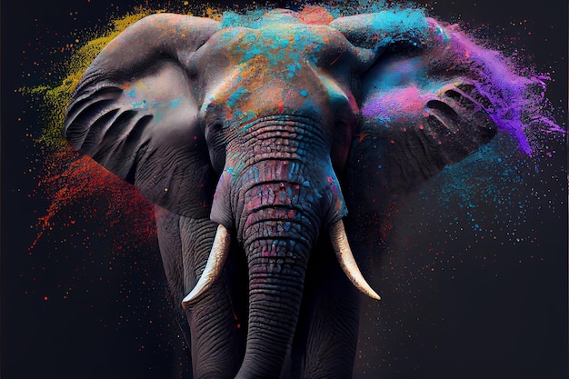 Ilustración de un elefante en polvo de holi sobre un fondo negro