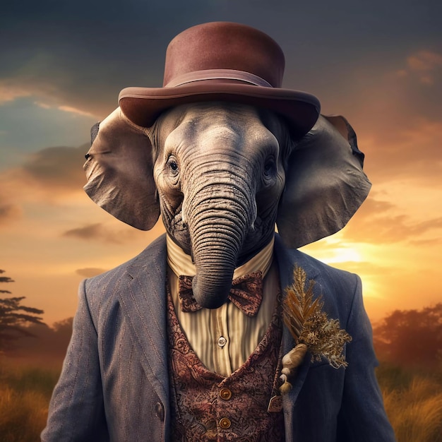 Ilustración de un elefante con un sombrero con un fondo de crepúsculo generado ai