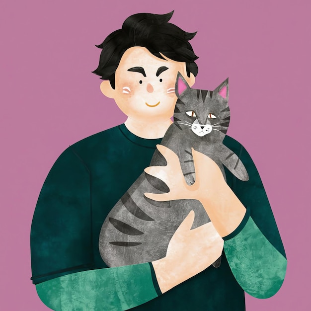 Ilustración elegante, creativa, linda y sencilla de un hombre con un gato.