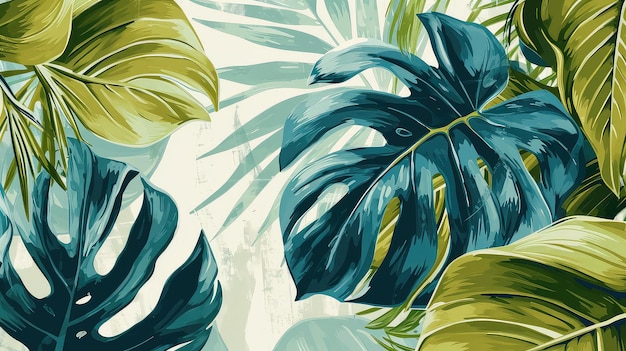 Foto ilustración elegante de follaje tropical una vibrante exhibición de hojas verdes y azules exuberantes perfectas para fondos de arte mural y diseños textiles