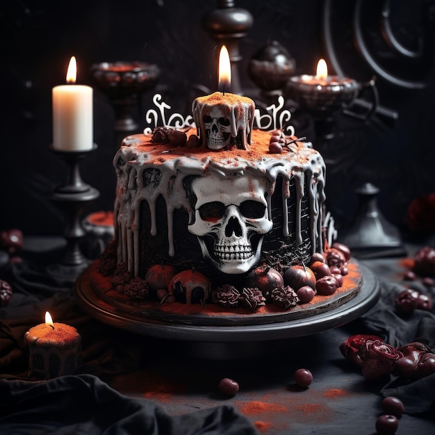 Ilustración de un elegante y hermoso pastel de Halloween en una fotografía de mesa