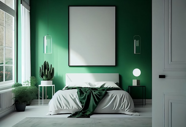 Ilustración de un elegante y moderno dormitorio verde y blanco con una cama acogedora y un marco vacío en la pared AI