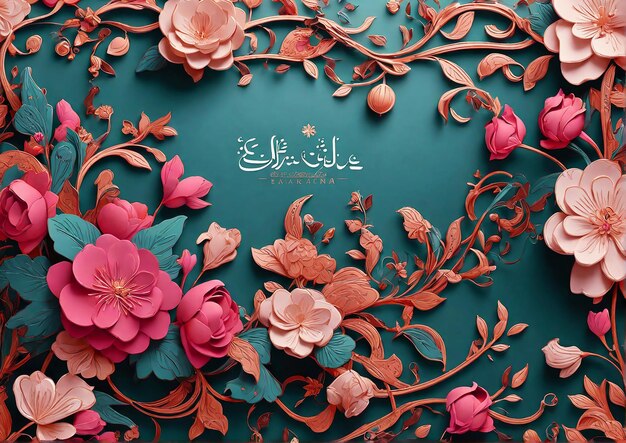 Foto ilustración elegante con patrones florales que forman el telón de fondo para los saludos de eid