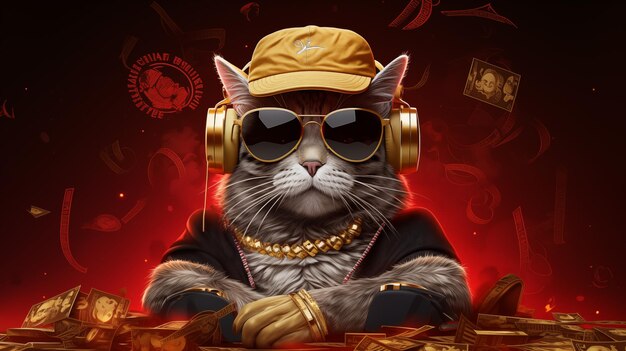 Ilustración elegante de un personaje de gato con gafas y gorra de gato fresco