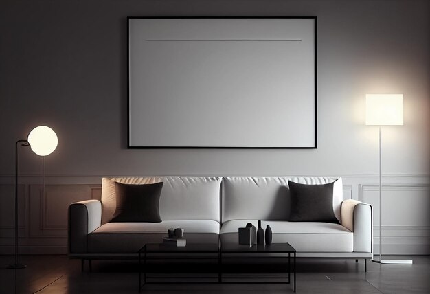 Ilustración de una elegante sala de estar moderna en negro y gris con un sofá acogedor y un marco vacío en la pared AI