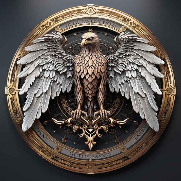 Ilustración del emblema del águila en el fondo blanco del logotipo del círculo plateado