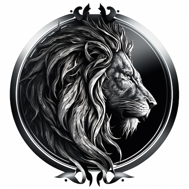 Ilustración del emblema, amuleto de león en círculo plateado, logotipo, fondo blanco. IA generativa