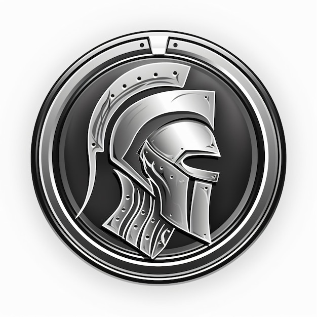 Foto ilustración del emblema del casco espartano en círculo plateado