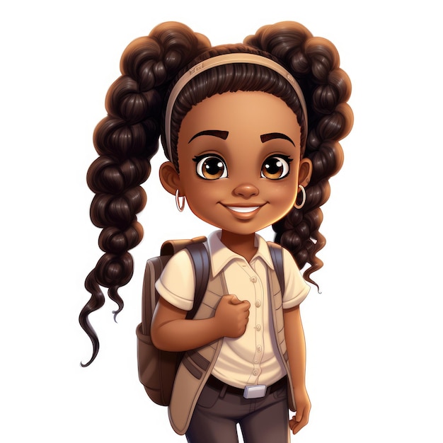 Ilustración empoderadora celebrando a una feliz niña negra con trenzas y camiseta beige