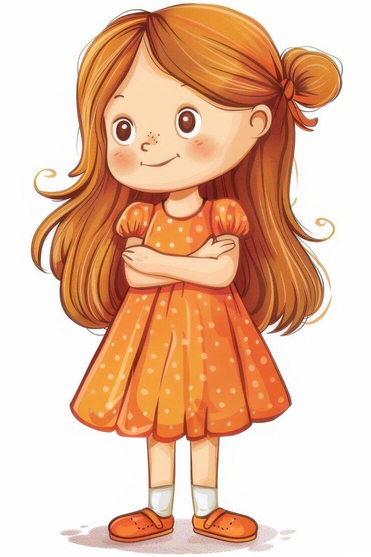 Ilustración encantadora al estilo de dibujos animados de una joven de cabello largo de pie con confianza en ropa casual sonriendo
