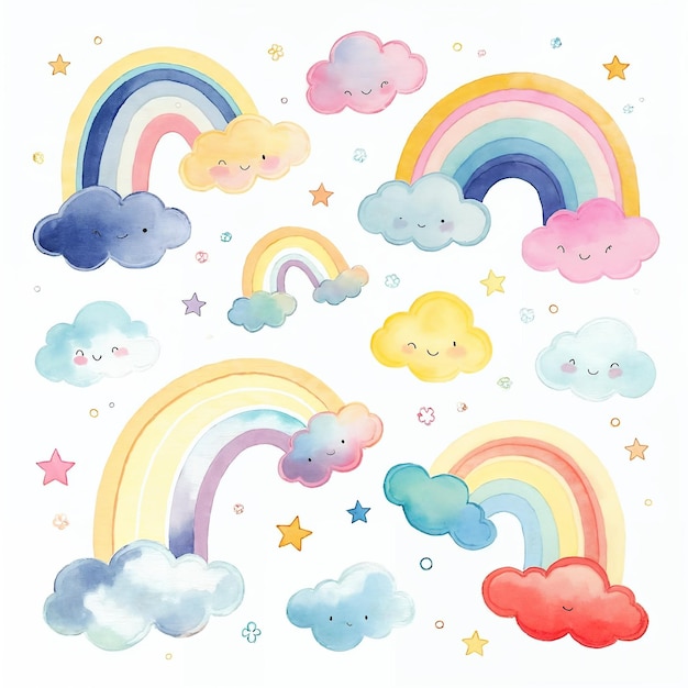 Ilustración encantadora de arco iris y nubes